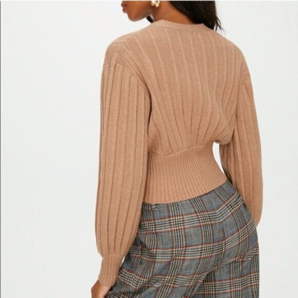WILFRED Plunge Front Cardigan Wool Sweater Tan Brown xxs ARITZIA - Picture 3 of 14